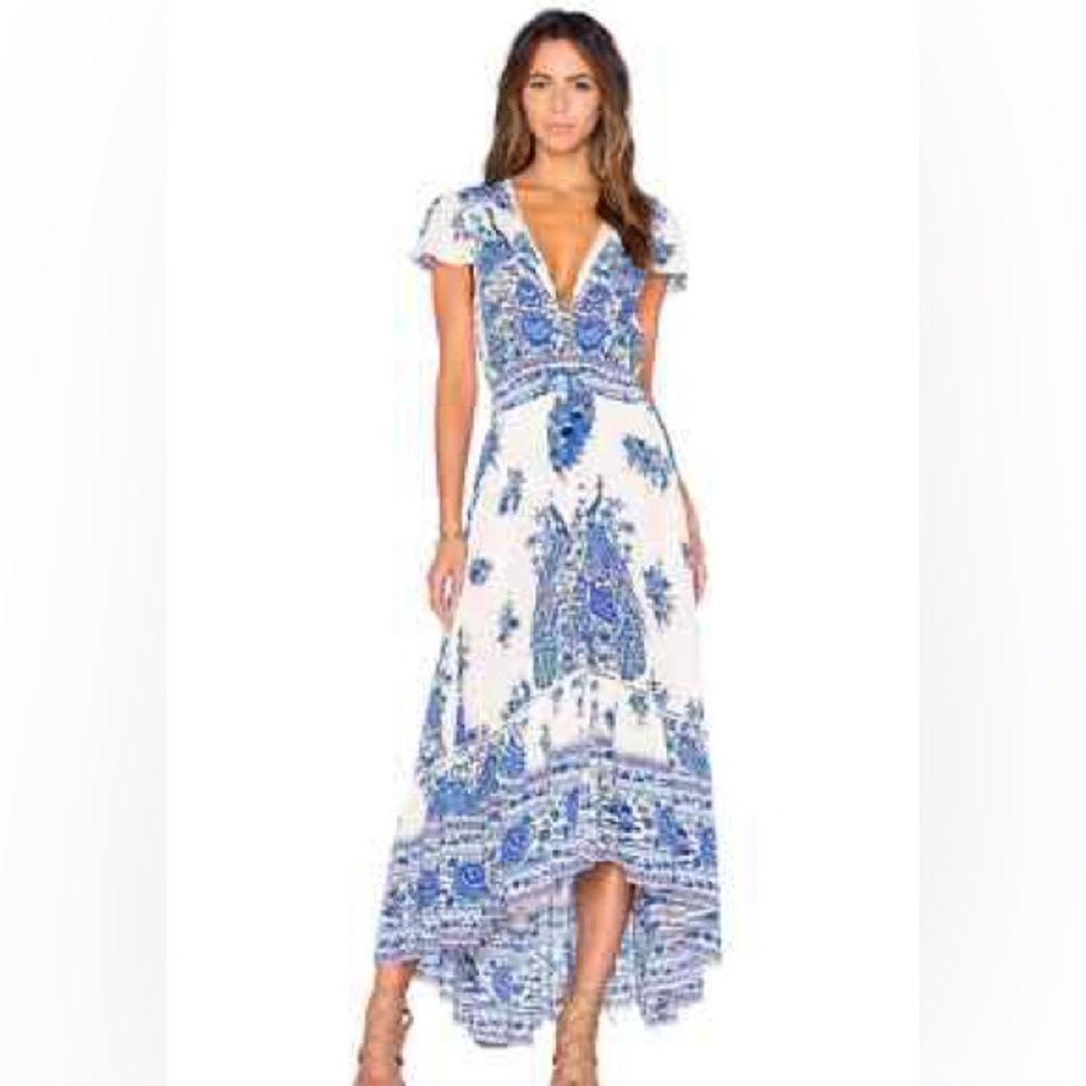 SPELL Vintage 🦋 Hotel Paradiso Bluebird Blue and Cream Floral Dress Small - Picture 2 of 8